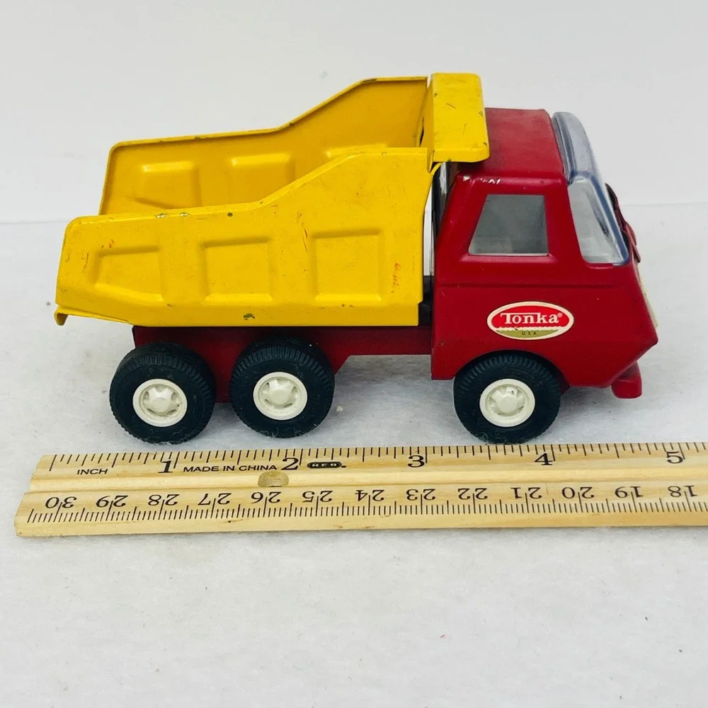 Vintage Tonka USA Red and Yellow Diecast Metal Mini Dump Truck Construction Toy
